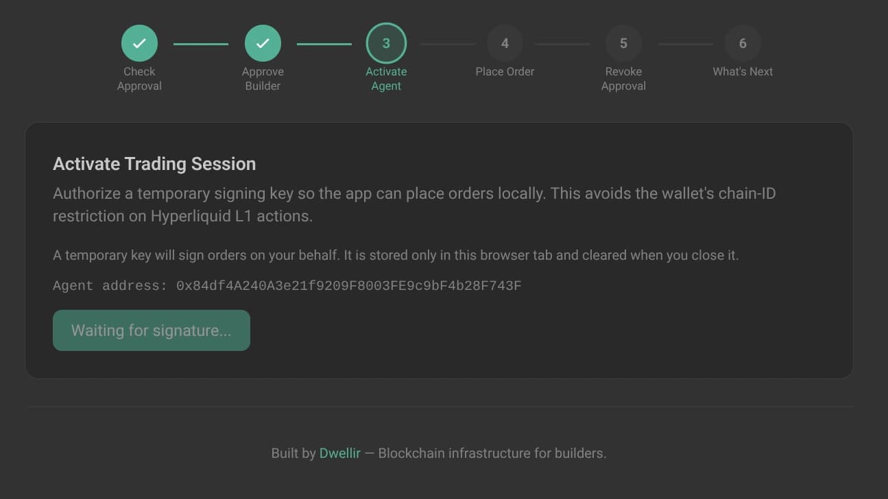 Activate Trading Session step asking the user to authorize a temporary signing key.