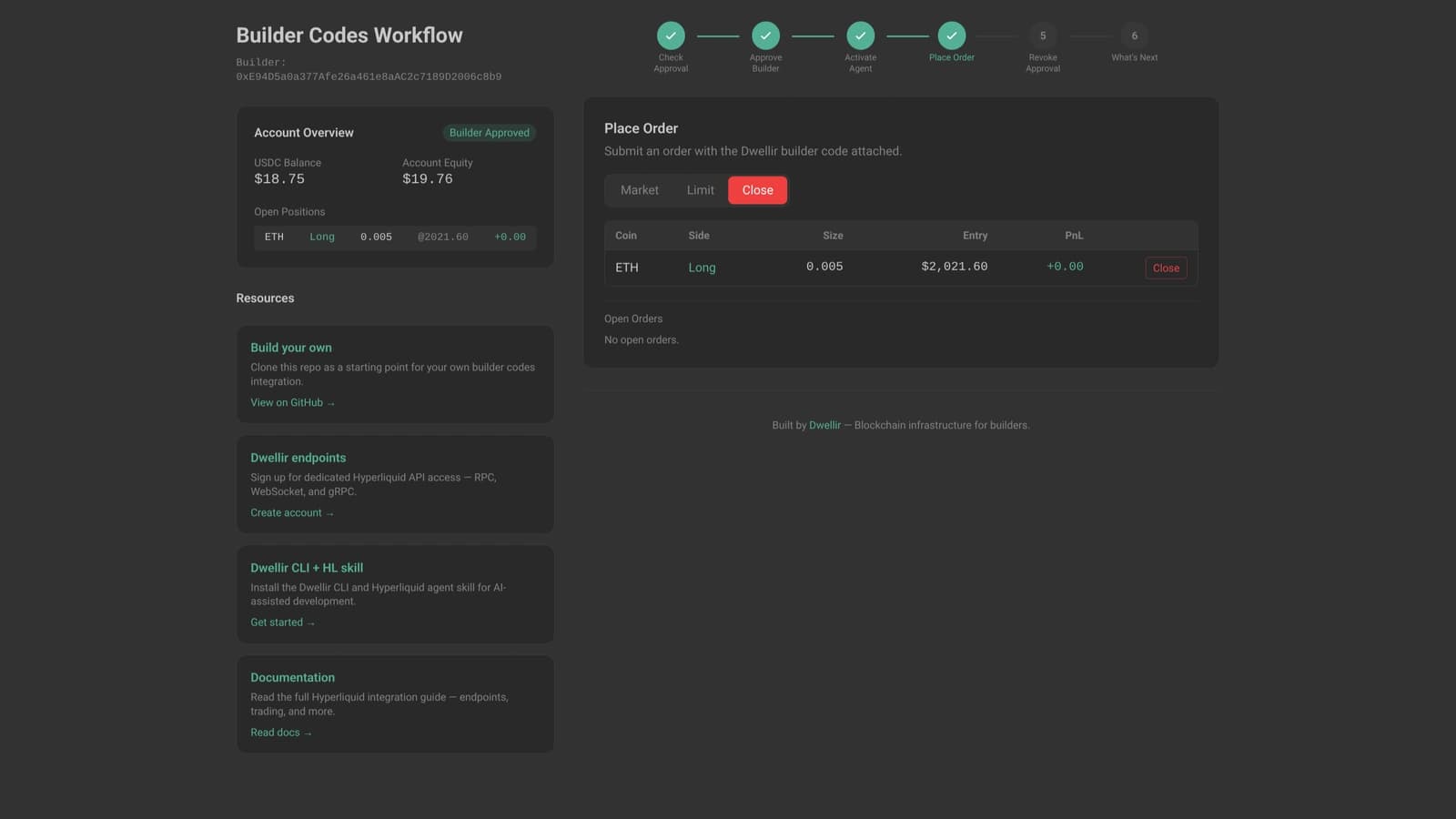 Close-position view showing an open ETH long with size, entry price, PnL, and a close button.