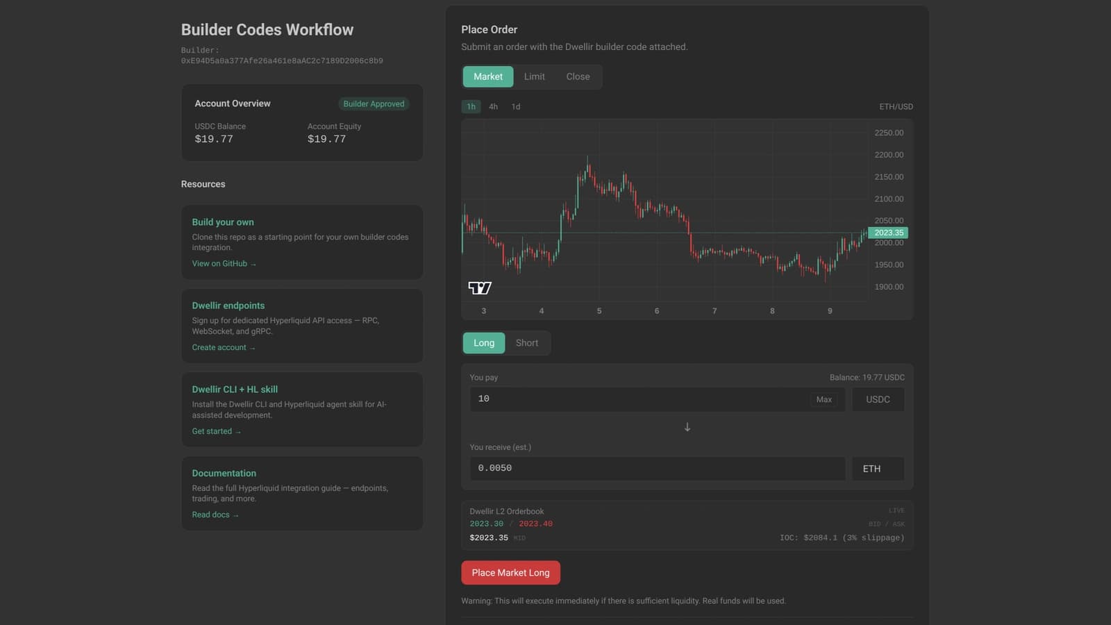 Place Order screen with market, limit, and close tabs, a candlestick chart, amount fields, and a live orderbook strip.