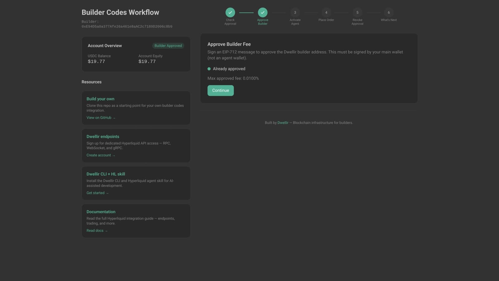 Builder Codes workflow wizard with sidebar account summary and the approve-builder step active.