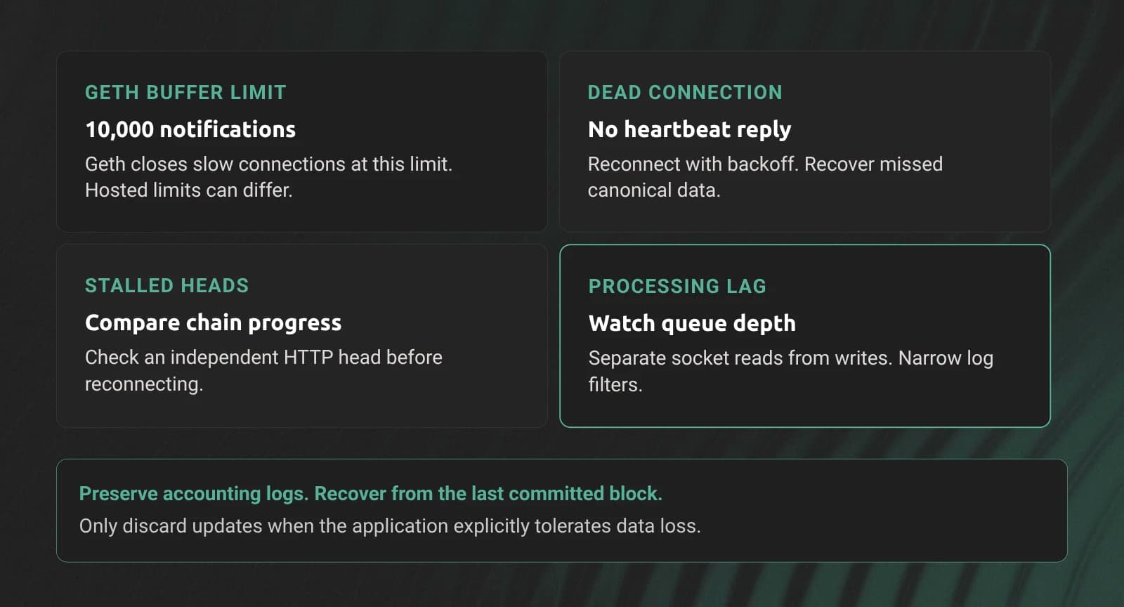WebSocket monitoring checks for slow consumers, dead connections, stalled block streams, and duplicate subscriptions.