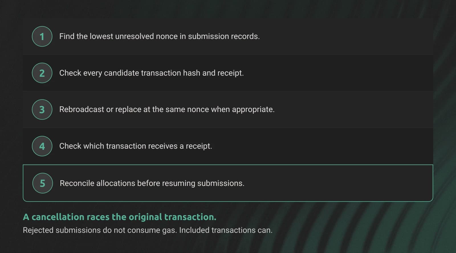Recovery steps for blocked Ethereum nonces and replacement transactions.