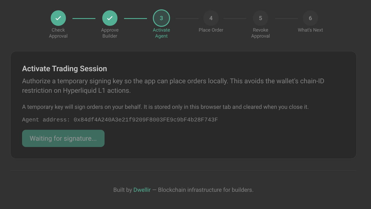 Hyperliquid agent wallet activation step showing temporary signing key authorization