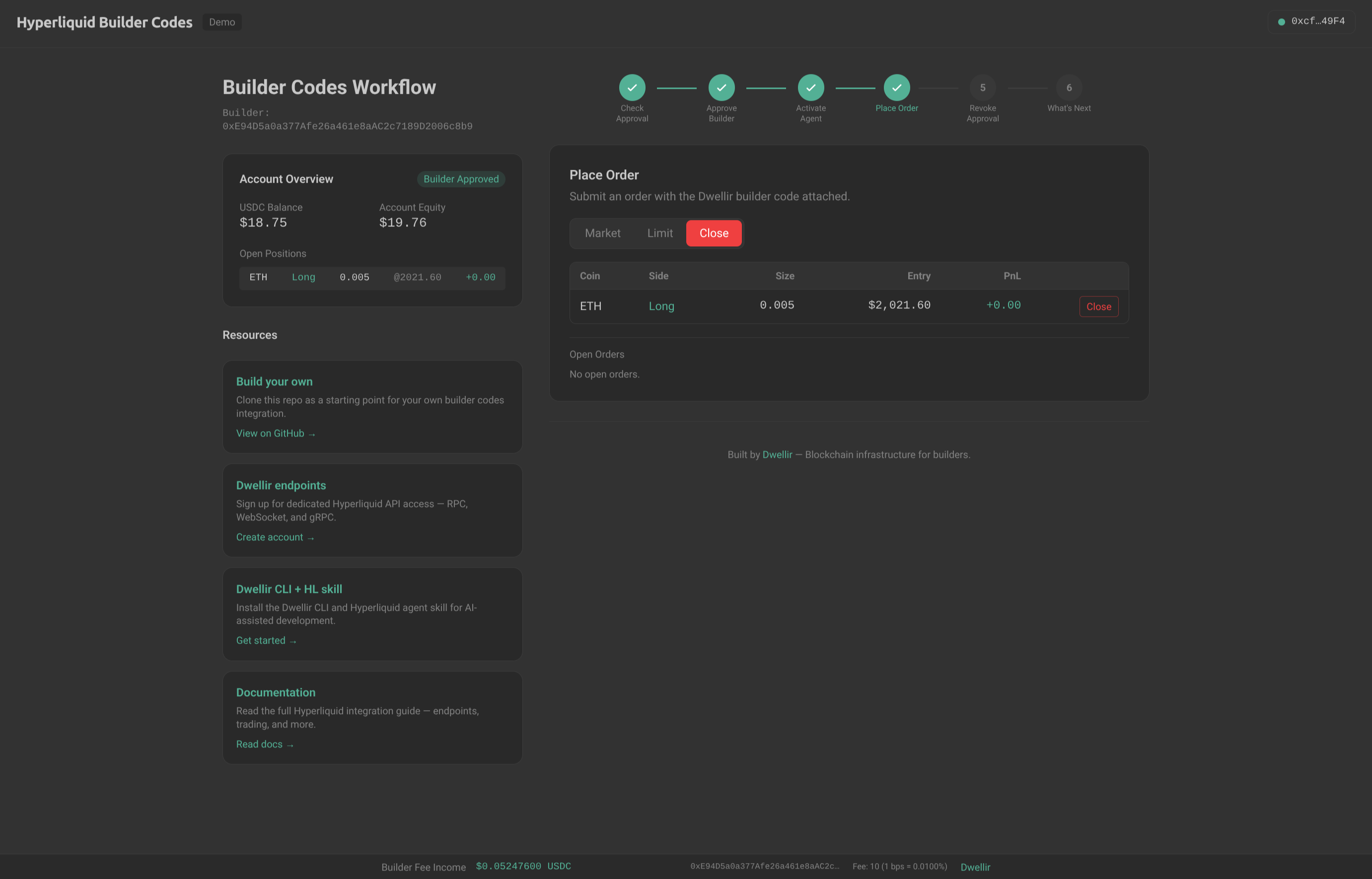 Hyperliquid builder code order confirmation showing open position with close tab
