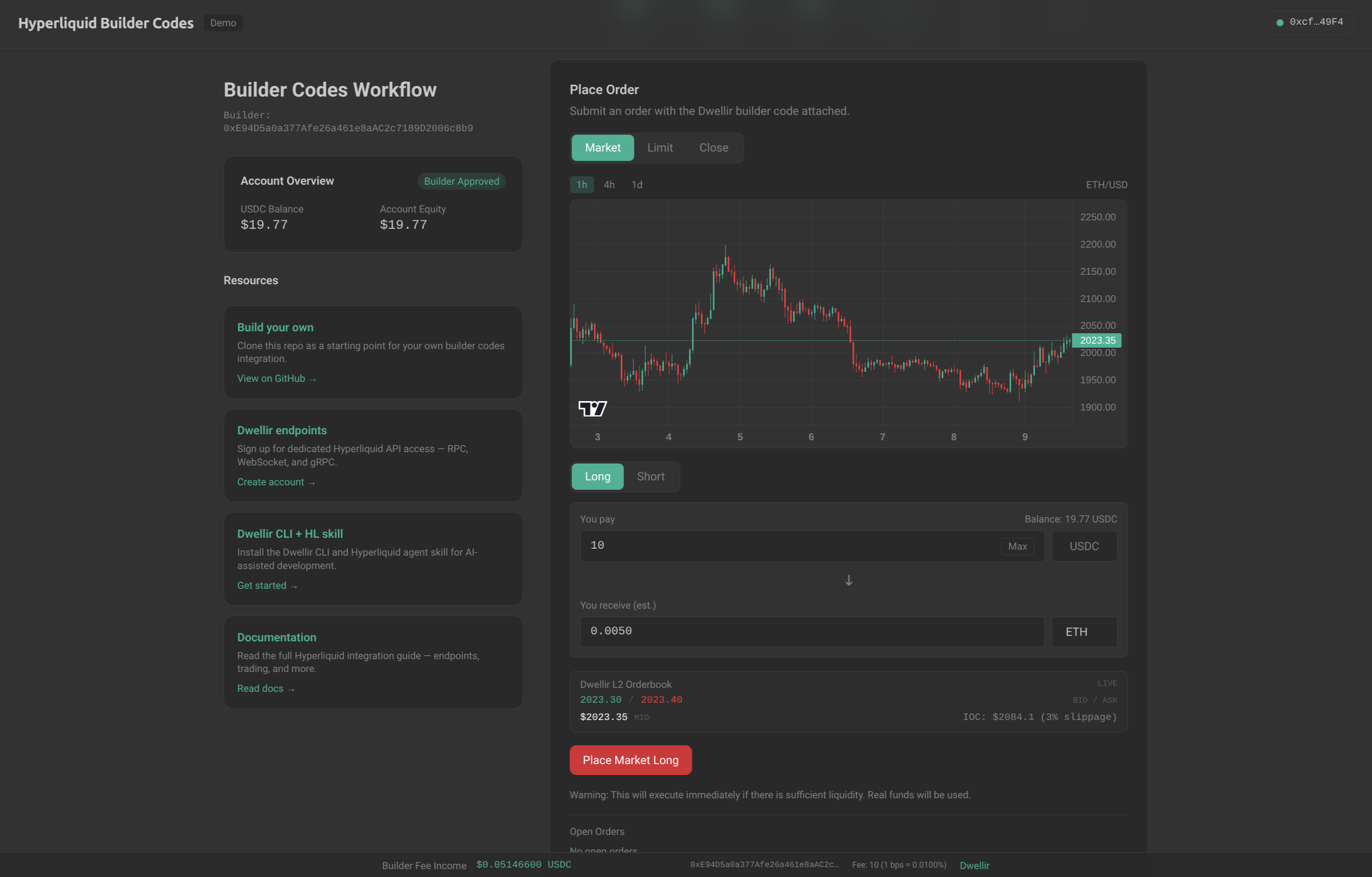 Hyperliquid trading order form with builder code attribution candlestick chart and live order book