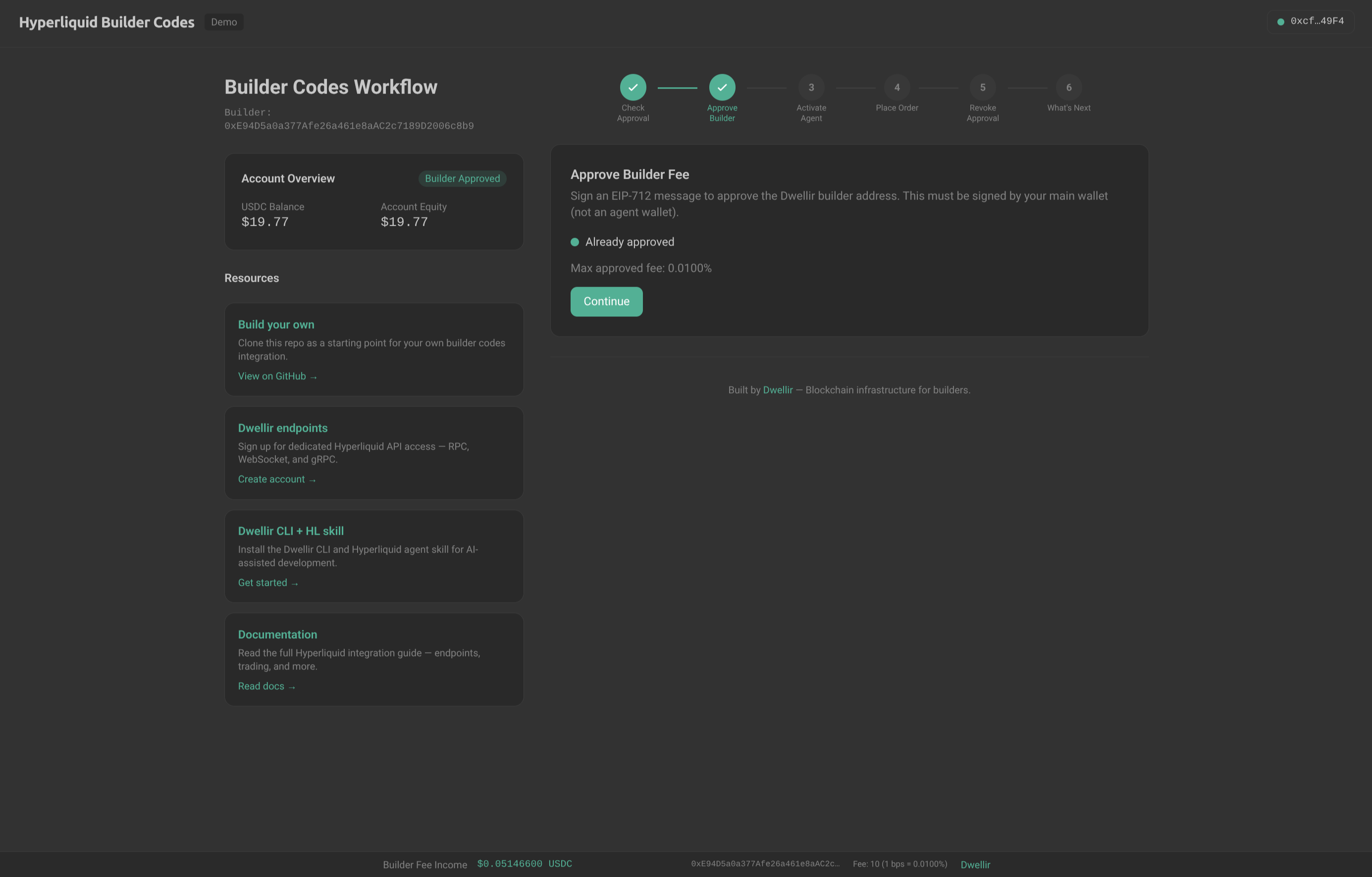 Hyperliquid builder codes demo wizard showing the step-by-step workflow with sidebar resources